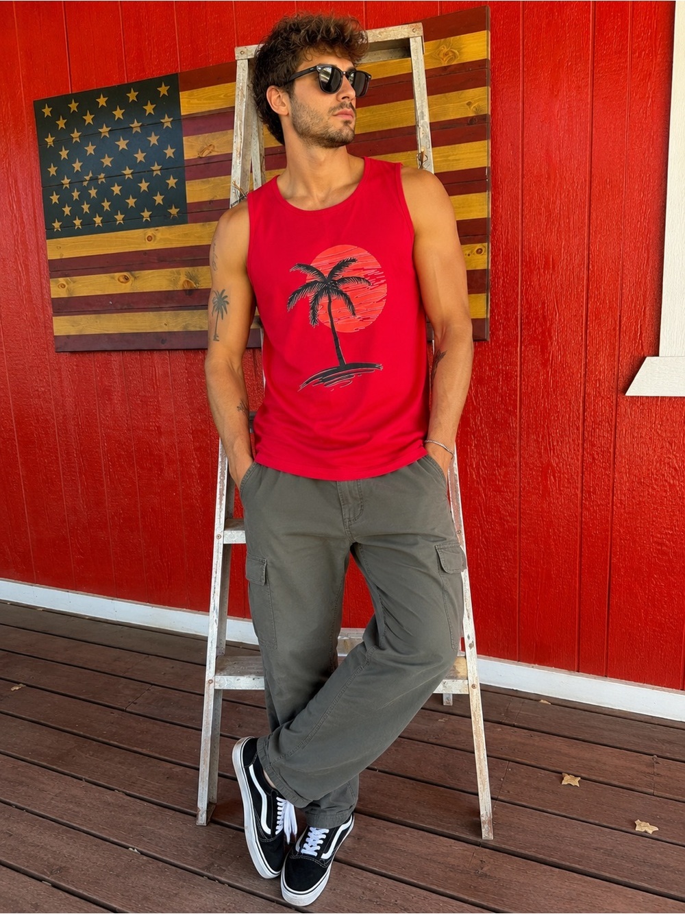 Red Palm Tree Graphic Tank Top